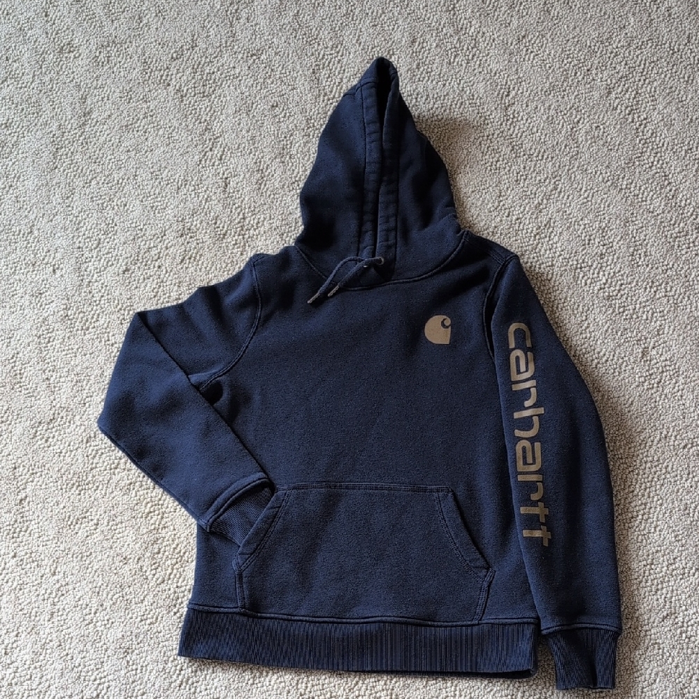 Carhartt Navy Blue Hoodie with Tan Logo and Sleeve Script